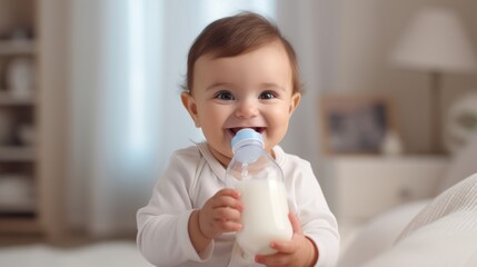 Adorable Smiling Baby Holds Milk Feeding Bottle - Joyful Infant Enjoying Milk Formula for Babies