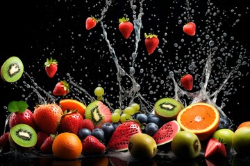 Fruits explosion with water splash black background.