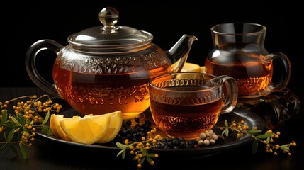 Hot Tea in a teapot and Cup on a darker background