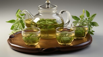 Hot tea in glass teapot and glass cups and fresh leaves with natural steam on white background