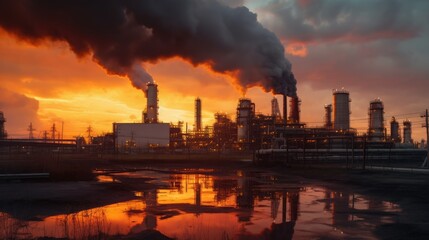 Obraz premium Industrial view of oil refinery factory with sunset