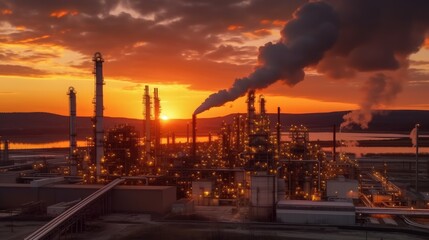 Industrial view of oil refinery factory with sunset - obrazy, fototapety, plakaty