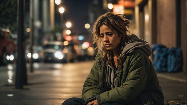 Homeless woman drug and alcohol addict sitting alone. Ai Generated