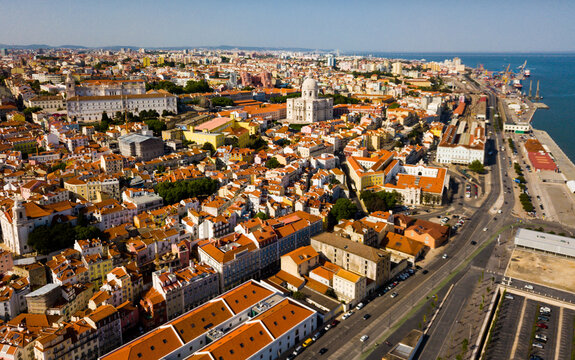 Aerial view of Lisbon district with National Pantheon and coastline