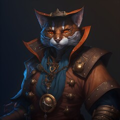 dnd tabaxi male pirate captain tricorn hat orange fur blue eyes wearing pirate clothing leather coat character art 