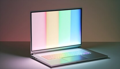 mockup empty blank laptop screen flat lay with iridescent lighting on an iridescent surface on the concreat perfect picture photorealistic 4k 