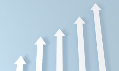 3d rendering of top white rising arrow for business planning new strategy. growing business target concept idea. Step to Arrow growth success. progress way and forward achievement on blue Background.