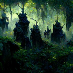 a goblin fortress dark elves prowling the forest 