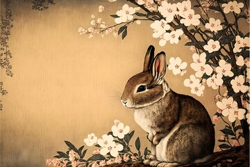 rabbit cherry flowers traditional chinese background vintage tones 