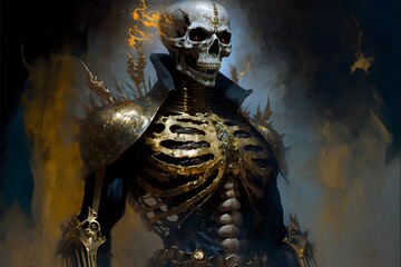 portrait angry Evil skeleton with black skull with golden symbols and glowing red eyes hyper detailed full body black bone armor with golden deaths head symbols Gaston Bussire Frazetta Donato 