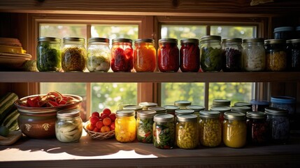 Multitude of glass jars with homemade preserves on shelves in farmhouse kitchen. Various canned vegetables, tomatoes, cucumbers, green peas, peppers, herbs, and more. For food blog, cookbook, poster. - obrazy, fototapety, plakaty