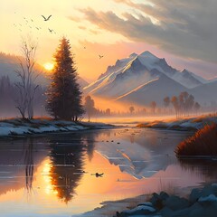 The sun rises over the mountains casting a warm glow over the landscape The misty valleys are bathed in a soft ethereal light and the trees stand tall and proud against the sky The birds sing their 