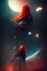 The outer space stars redhaired witch conjures Space fantasy concept art theme of magic fish eye effect octane render hyperdetailed environment photorealism hyper realistic no blur 8k 