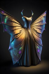 full length Sideview of Beautiful fairy dress with fairy wings on a mannequin hyperrealistic hypertextured hyperdetailed colourful lumen global illumination butterfly pattern 
