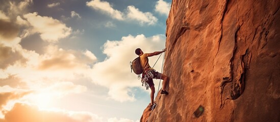 Young man with a rope engaged in the sports of rock climbing on the rock. - obrazy, fototapety, plakaty