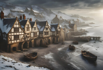 fantasy medieval seaside town in winter with ancient timber framed buildings covered in snow and fishing boats - obrazy, fototapety, plakaty