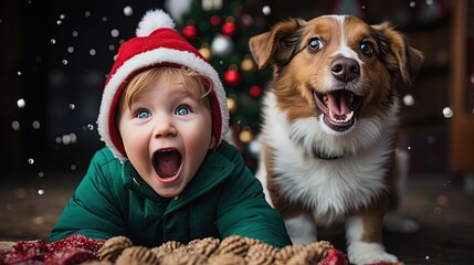 Adorable christmas  little child with  dog