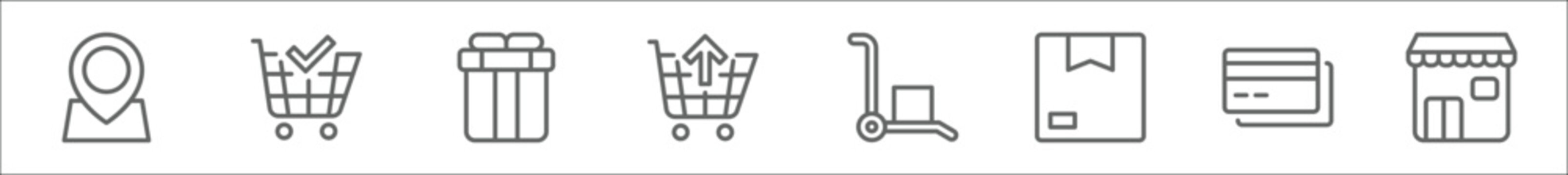 Outline Set Of Ecommerce Ui Line Icons. Linear Vector Icons Such As Location, Checkout, Gift, Return, Trolley, Delivery Box, Debit Card, Store