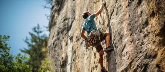 Young man with a rope engaged in the sports of rock climbing on the rock.