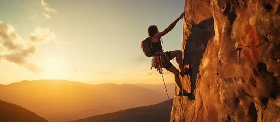  Young man with a rope engaged in the sports of rock climbing on the rock. © maretaarining