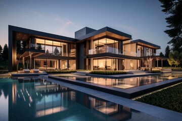 Modern residence with expansive glass panels & swimming pool. Generative AI