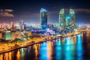 Cityscape with illuminated buildings and river in Ho Chi Minh, Vietnam. Generative AI
