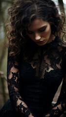 Gothic fashion clothes cute, Creative evocative epatastic lace outfit styling , silhouettes of the night, gloomy black shades, elegant and luxurious .