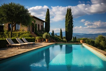 A perfect sunny summer morning in an Italian villa with a pool and mountain views