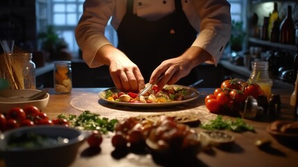 male chef's hands, no face, decorating food under the light of the kitchen interior lights