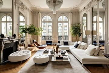 Sophisticated Parisian living room with tall ceilings and wooden flooring. Generative AI - obrazy, fototapety, plakaty