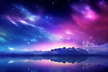 Stunning sky with colorful aurora and twinkling stars. Purple northern lights setting with room for text. Generative AI