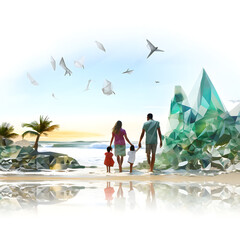 Fototapeta premium Family is dressed up for a trip to the beach, in the style of low poly,