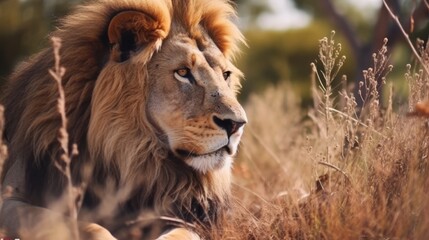 Obraz premium Male lion on savanna grass. with a background of trees in the hills