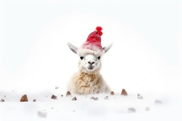 closeup portrait of  cute llama in celebration hat on white background. party event celebrating concept