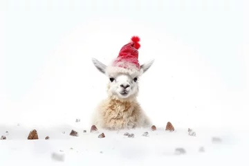 Deurstickers closeup portrait of  cute llama in celebration hat on white background. party event celebrating concept © gankevstock