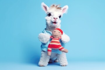 Fototapeta na wymiar cute baby llama with doll toy on blue background