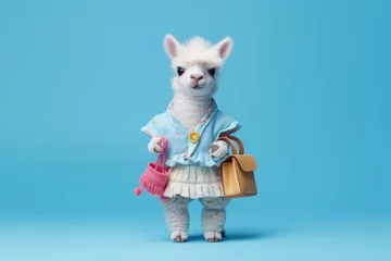 Foto op Canvas cute baby llama girl with bags on blue background © gankevstock