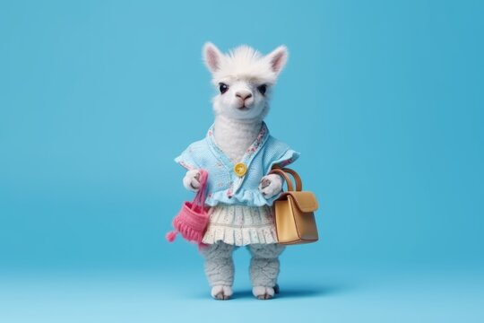 cute baby llama girl with bags on blue background