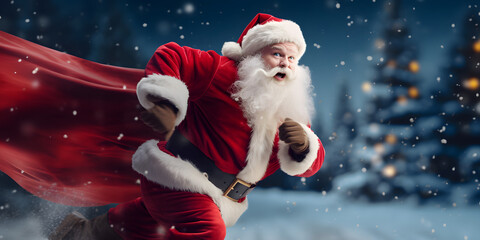 Santa Claus heroically running to urgently deliver gifts