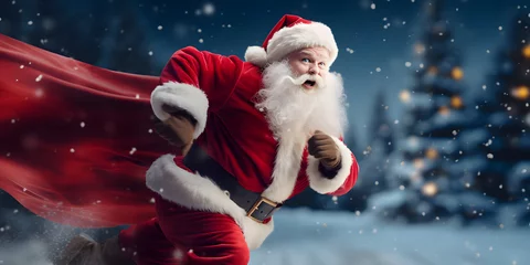 Fotobehang Santa Claus heroically running to urgently deliver gifts © Demencial Studies