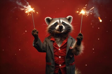 cute racoon holding sparklers on red background - obrazy, fototapety, plakaty