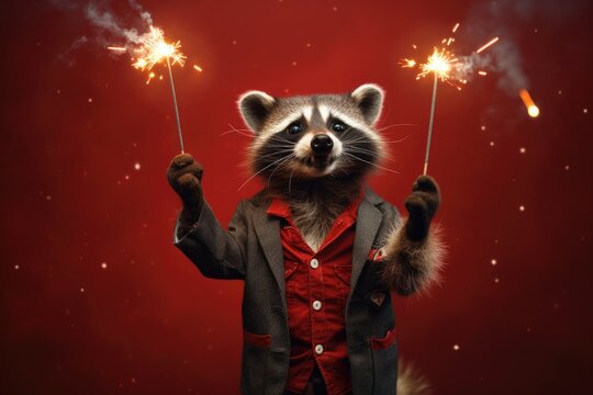 cute racoon holding sparklers on red background