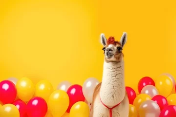 Deurstickers llama standing and posing with colorful balloons on yellow background. celebration of new year or birthday event concept. © gankevstock