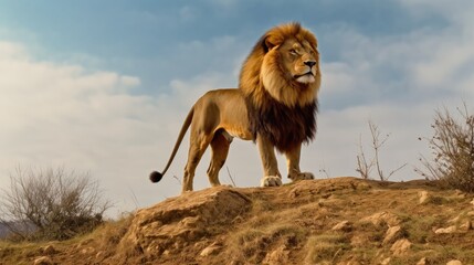 male lion standing on a hill. with a clear sky background
