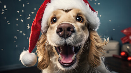 Golden Labrador wearing Santa hat. Happy Chritsmas dog.