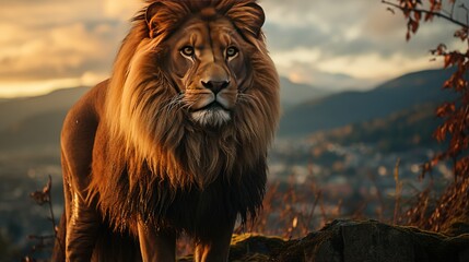 male lion standing on a rock, looking for prey at sunset