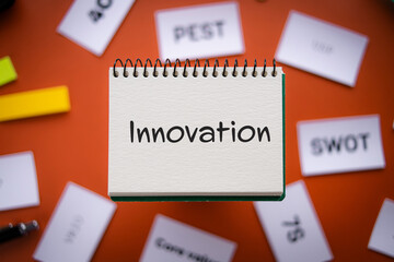 There is notebook with the word Innovation. It is as an eye-catching image.