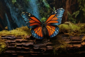 Fototapeta na wymiar A mesmerizing adventure between butterfly and insect on a vivid log. Generative AI