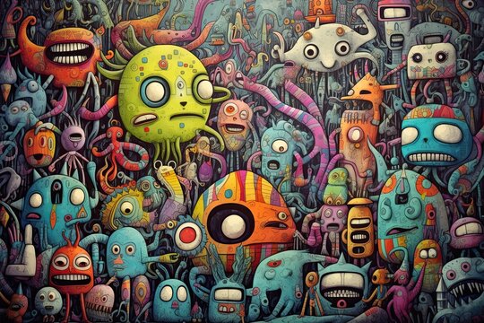 Mural art. Colorful monsters background. Hand drawn illustration