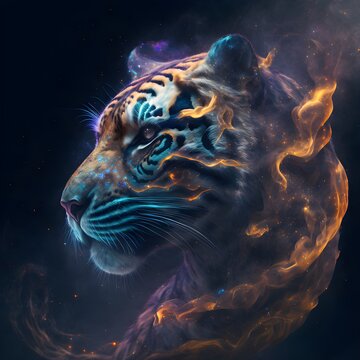 galaxies spirals space nebulae stars smoke iridescent intricate detail in the shape of a tiger beautiful mystical octane render 8k 